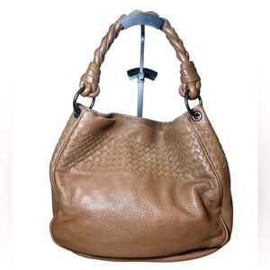 BOTTEGA VENETA Tan Brown Cervo Leather Intreciatto Hobo Shoulder Bag Auth